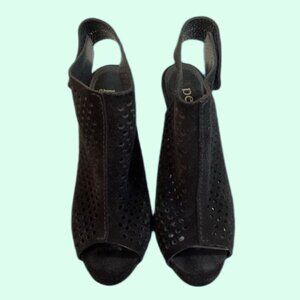 Black Perforated Suede Open-Toe High Heel Sandals With Velcro Strap Closure